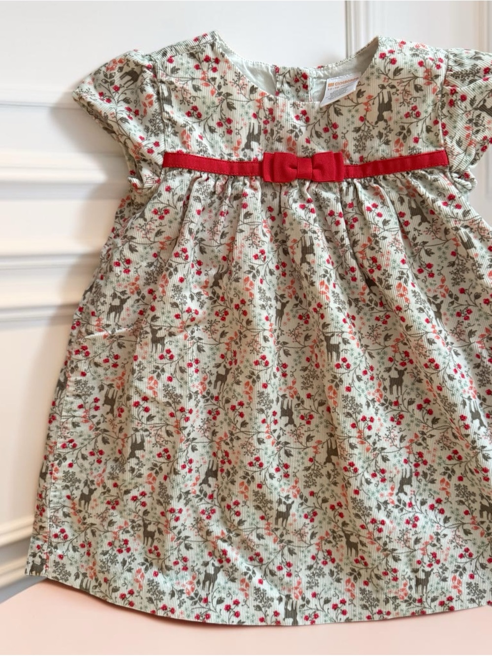 CUTIE!! GYMBOREE 12-18MO WOODLAND DEER DRESS WITH RED BOW/RIBBON